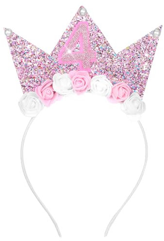 Yuanchu 4 Jahr Geburtstagskrone, Krone Geburtstag 4 Jahre Mädchen Happy Birthday Haarreif mit Glitzer Zahlen Prinzessin Geburtstag Krone Stirnband mit Rose Blumen Party Kopfschmuck für Baby Kinder (A)