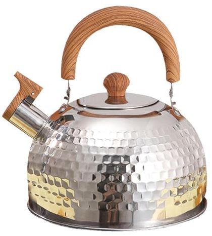 Whistling Kettle, 2L Stainless Steel Stove Top Kettle with Wood Grain Handle, Whistling Camping Kettle, Whistling Stovetop Tea Kettle, Stove Induction Kettle, Teapot Kettle with Heat-Resistant Handle