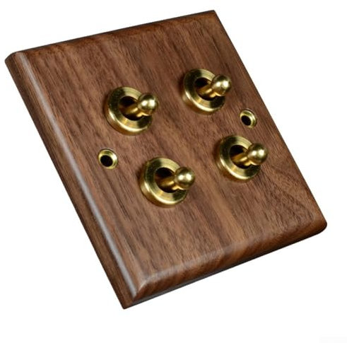 Zeroupshop Interruptores basculantes de luz de palanca, palanca de latón con placa de madera de nogal retro de 1/2 vías, enchufe eléctrico vintage (4 bandas)