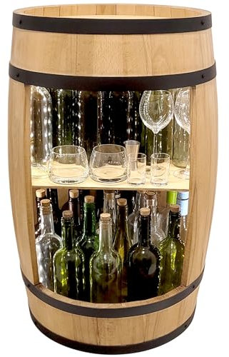Table de bar rustique à LED avec tonneau en bois - Décoration d'intérieur vintage - 82 cm - Porte-verres et bouteilles pour whisky, bière, vin - Pour homme