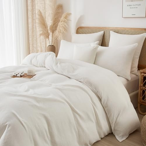 Luofanfei Baumwolle Muslin Bettwäsche 220x240 Weiß Renforce Uni Sommer Kühlende Bettwäsche Set Boho Weiche Bettbezug Knitterlook Bügelfrei mit Reißverschluss und Kissenbezüge 80x80cm