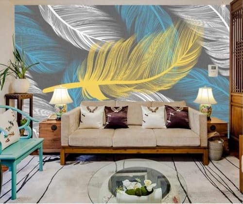 Blaue Federn Gelbe Federn Weiße Federn 3D Tapete Büro Wohnzimmer Sofa Schlafzimmer TV Hintergrund Wand Dekoration-200cm×140cm