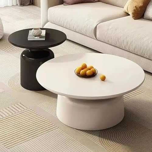 BAYTEWJX Moderner runder Couchtisch 2er Set, Couchtisch aus Holz für Wohnzimmer, Schwarz Weiß, 75x36+50x42cm