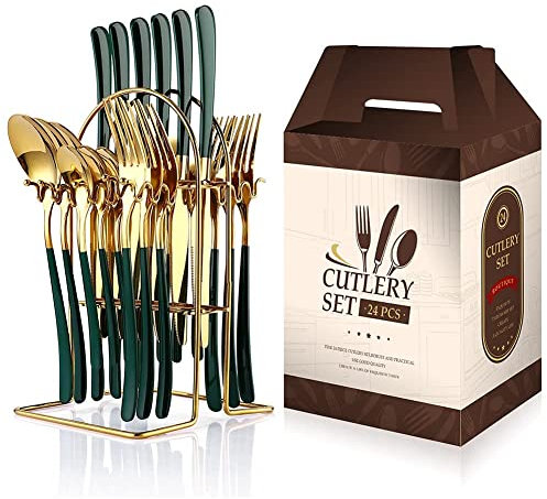 Stainless Steel Tableware Cutlery Set, 24 Piece Mixed Cutlery Set with Gift Box Stainless Steel - Plus Includes Gold Cutlery Rack Knife Fork Spoon Set (Dark Green)