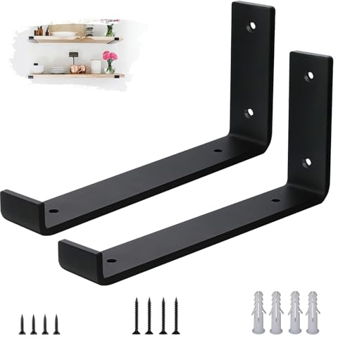 VTOPVMAX Scaffold Board Shelf Brackets 2 Pack - 5mm Thick Steel Heavy Duty Shelf Supports with Lips for 10 x 4 Inch (25cm x 10cm), Industrial Rustic Black Wall Shelf Brackets Kit