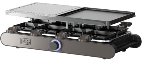 Black+Decker – Raclette| 8 Personen| Platten 21 x 21 cm| Regulierbare Temperatur| 1400 W| Umkehrbare und antihaftbeschichtete Platte| Naturstein| Zubehör inklusive| PFOA-frei