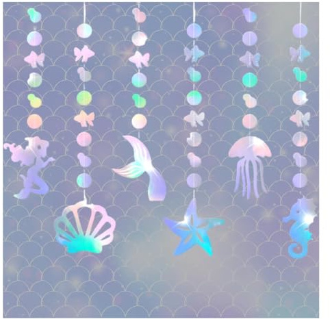 Meerjungfrau Hängenden Girlande Holographisch Irisierende Glitzer 6 Stück, Mermaid Geburtstag Kindergeburtstag Birthday Party Deko Hintergrund für Mädchen Meer Quallen Pool Party