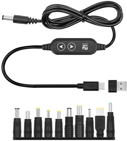 AYWHP PD & USB auf DC 5.5x2.1mm Adapter Kabel, 5V/9V/12V/15V/20V Einstellbare Spannung mit 10 DC Steckern und Typ-C auf USB Adapter 1.2M USB auf DC Stecker Adapterkabel kompatibel mit Laptop, Router