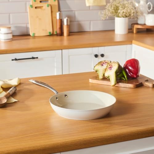 KARACA Swiss Crystal Almond Cream 26 cm Non‑Stick Induction Pan with Stainless Steel Handle – PFAS/PFOA‑Free Ceramic Coating, Dishwasher Safe, Cream Finish