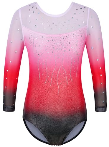 ZNYUNE Mädchen Gymnastikanzug mit Pailletten | Kinder Gymnastik Trikot 3/4 Hülse in Tüll
