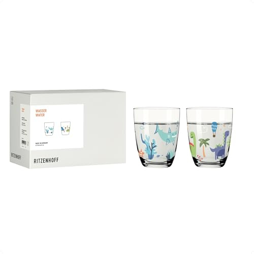 RITZENHOFF 8361003 Wasserglas 200 ml, 2er Set – Kindergläser mit buntem Dino-Motiv & lustigem Hai-Design – Made in Germany