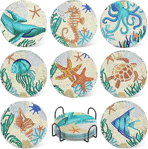 JATOK Lot de 8 dessous de verre de peinture diamant avec support, peinture diamant pour adultes, sous-verres d'animaux marins, sous-verres antidérapants pour débutants
