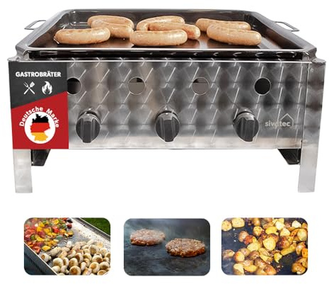 siwitec Gastrobräter, 3-flammig, Gastrogrill, Gasgrill, Wurstbräter aus Edelstahl – Profi Kombi-Bräter für Gastronomie, Imbiss & Catering, leistungsstarker Grill mobil, (B) 64 x (T) 52 x (H) 28 cm