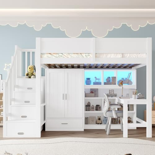 Letto a soppalco con scrivania+armadio+LED,letto soppalco 90x200cm con Cassetti,Vani portaoggetti,Scale portaoggetti,letto a castello per bambini salvaspazio con rete a doghe,Bianco(pino massiccio)