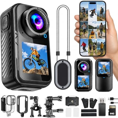 TOSBARRFT 5K 64MP Mini Action Cam mit Magnetischer Halterung, 66g Helmkamera für Fahrrad & Alltag, Dual-Display Vlog Kamera, 1080P Stabilisierung, Wasserdicht 30M mit Gehäuse, inkl. 64GB Karte