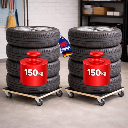 PROREGAL 2er Set Profi Transportroller Hercules 50x50 cm Schwerlast bis 150 kg 4 Gummirollen & Griff, Siebdruckplatte, Rollbrett für Reifen Möbelroller Transporthilfe Umzug Pflanzen Werkstatt