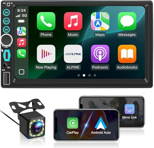 2 Din BT Car Radio Car Play with Wireless Carplay and Android, Double DIN 7 Inch HD Touch Screen, Mirror Link, FM Radio, EQ, Type-C, USB, Microphone, Telecamera Posteriore, SWC, Navigazione GPS