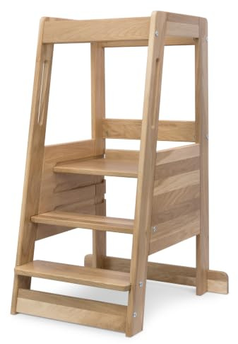 Ehrenkind® Lernturm mit Kleinkindstufe, höhenverstellbar 3-Fach, Montessori Küchenturm für Kinder ab ca. 1 Jahr, massives Eichenholz, Kitchen Helper, belastbar bis 40 kg, Klarlack