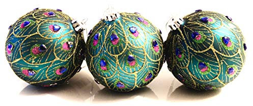Glas Ball Pfau Design 8 cm Dekoration Set von 3 ? New für 2015 - Sequined Peacock