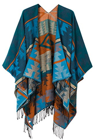 Urban GoCo Damen Poncho Stola Bohe Quaste Schal, #4 Blau, Einheitsgröße