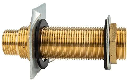 tecuro Wanddurchführung Messing G 1/2 x G 3/4 Zoll x 65 mm, für Wanddicken bis 34 mm, nach Trinkwasserverordnung 50930-6, mit Krallenplatte, Messing