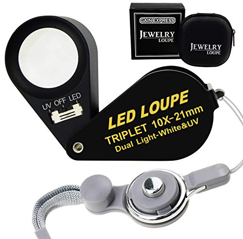 Juwelier lupe, 10X Vergrößerung Metall Faltlupe mit LED UV Licht Taschenlupe für Uhrmacher Juwelier 21mm Lupen