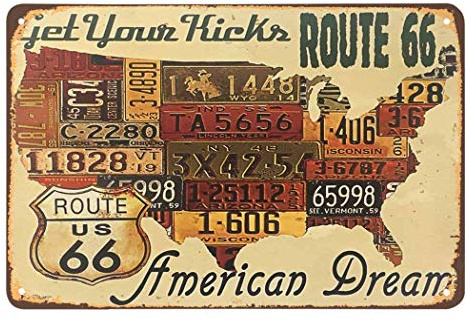 AOYEGO Blechschild mit USA-Karte, Get Your Kicks Gold Route 66 American Dream, Vintage-Blechschilder für Cafés, Bars, Pubs, Laden, Wanddekoration, lustige Retro-Schilder für Männer und Frauen, 20,3