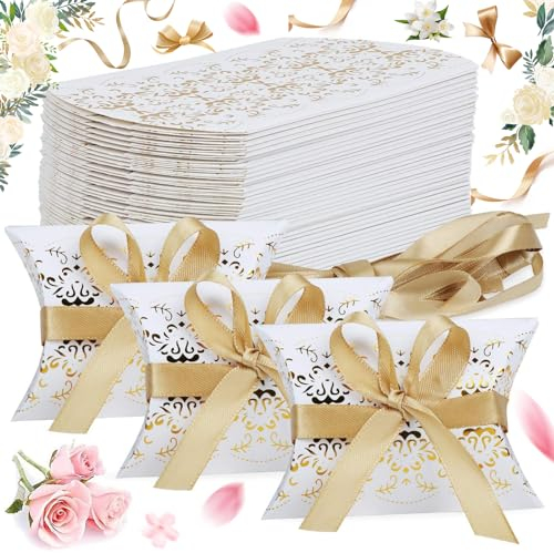 50 Stück Kissen-Form-Hochzeits-Geschenkboxen, Geschenkbox aus Kraftpapier, Süßigkeiten-Box, Kit mit Goldenen Bändern, für Hochzeitsbevorzugungen Babyparty Geburtstagsfeierzubehör (Weiß, Gold)