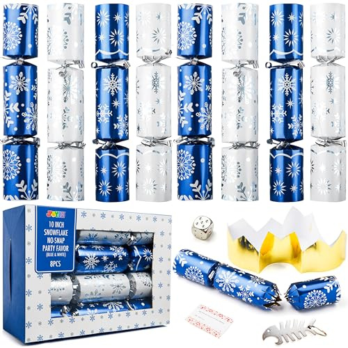 JOYN 8 Pack Christmas Non-Snap Party Table Favor with Blue & White Snowflake Design, with Party Hat, Joke & Little Gift Inside, for Xmas Gift, Christmas Seasonal Holiday Dinner Traditions