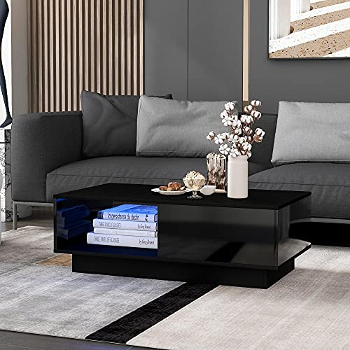 KecDuey Couchtisch, moderner Hochglanz-Sofatisch,rechteckiger weißer Wohnzimmertisch mit LED-Licht, 15 Farben für Teetisch, Haushaltsdekoration (99 x 55 x 32 cm) (Schwarz#)