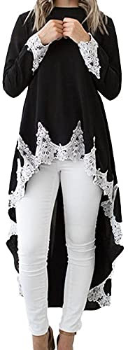Buetory Plus Size High Low Tops for Women Casual Trendy Long Sleeve O-Neck Asymmetrical Hem Tops Blouse Lace Trim Flowy Shirts Dress(Black,5X-Large)