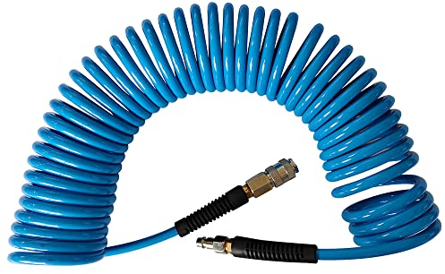 aunstarwei Air Compressor Hose Polyurethane(PU) Recoil Blue with 1/4 Europe Quick Coupler and Plug Fittings, 10m Length
