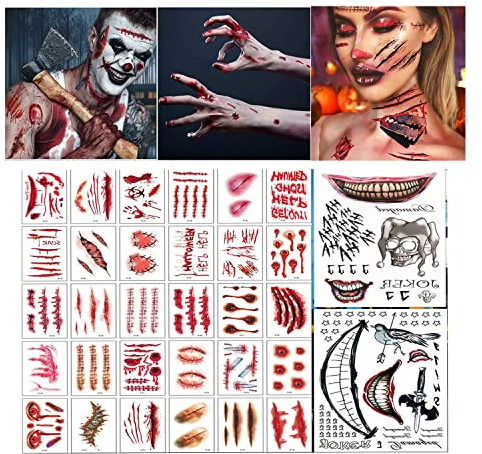 5 Blatt 3D Jo-ker Tattoos,Karneval Tattoo Gesicht,Clown Schminke Set,Jo-ker Make Up, jo-ker kostüm,Tattoo Klebetattoos Erwachsen