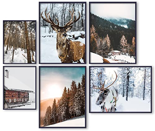 ag.art deco Winter Wonderland Poster Set | 6 Stück Bilder | 4x 30x40cm + 2xA4 | Natur Wald Wohndeko Schneebilder Wanddeko Rentier | ohne Rahmen
