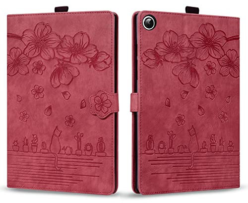 Rosbtib Coque pour Samsung Galaxy Tab A8 10,5 Pouces 2021 SM-X200/X205/X207, Etui Cuir PU avec Fentes Cartes Magnétique Housse Galaxy Tab A8, Rouge Chat Sakura