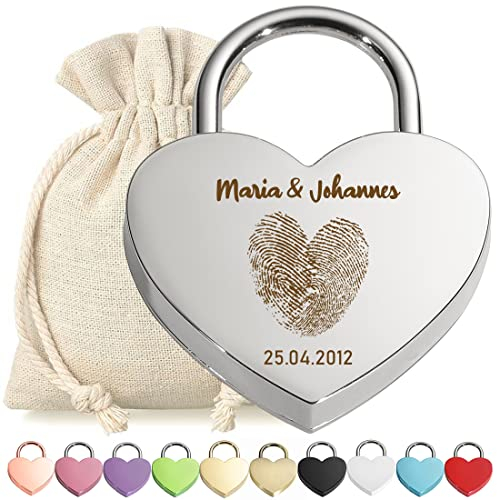 Liebesschloss Herz-Schloss Bügelschloss Silber mit Gravur - Motiv Herz Fingerabdruck - personalisiert - eloxiert - Stoff-Geschenkbeutel - Valentinstag, Jahrestag - Pärchen Geschenk - Present
