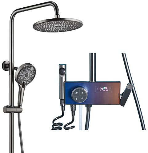 Billg Duschsystem mit heiße und kalte Mischung, LED-Digitalanzeige 4-Funktions-Duschset,10 Zoll Duschkopf,Mit Handbrause, Wannenmischer, Bidetbrause,verstellbare Duschstange（grau）