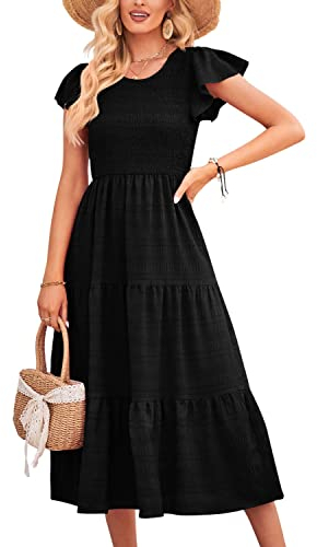 QUNERY Robe Femme Été Mi Longue Casual Manches Courtes Col Rond de Plage Vacances A-Noir L