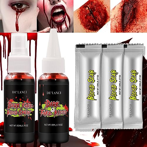 Halloween Kunstblut Schminke 5 PCS,Halloween Blut Schminke Set,DE’LANCI Halloween Blut Schminke Set,1 Kunstblut Spray für Haut,1Tropfendes Kunstblut für Halloween
