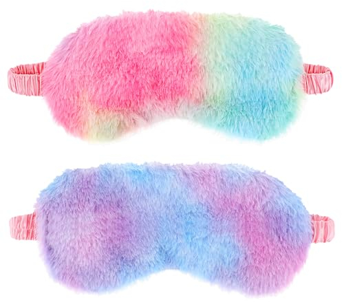 2er Pack Plüsch Schlafaugenmaske Weiche Plüsch Augenmaske Flauschige Augenabdeckung Bequeme Schlafmaske Augenbinde Regenbogen Kunstfell Augenschutz für Damen Herren Und Kinder Reisen Nickerchen