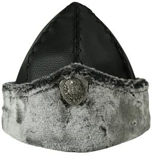 Islamic Bazaar Türkische Ottomane Akinci Bork Mütze schwarz Ertugrul Osman Dirilis Kunstfell Wintermütze mit Ottomane Wappen Emblem, Schwarz, Frostgrau, M-XL