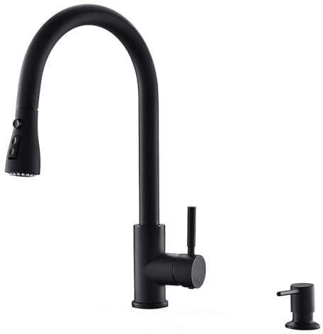 Bokaiya Black Kitchen Tap Mixer with Pull Out Sprayer,Pull Down Stainless Steel Kitchen Taps,High Arc 360°Swivel Single Handle,Sink Mixer Tap Hot and Cold,2 Spary Modes,with Soap Dispenser,Matte Black