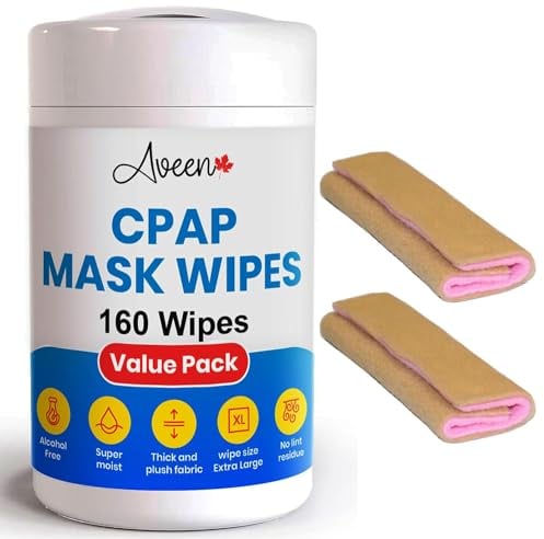 Aveen CPAP mask wipes with CPAP covers,160 extra large wet wipes + 2 universal soft fleece CPAP covers, unscented CPAP cleaning wipes, Lint and alcohol free, Easy opening canister
