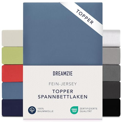 Dreamzie Premium Topper Spannbettlaken 140x200 cm - 160x200 cm - extra niedriger Seitenhöhe - für Topper - Topperauflage - Spannbetttuch Jersey Baumwolle, 150 g/m² - Oeko-TEX - Blau