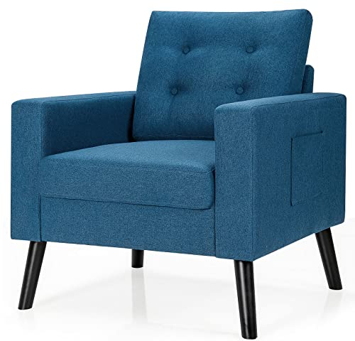 HOMASIS Sessel mit 2 Seitentaschen, Relaxsessel mit Rückenlehne & Armlehnen, Sitztiefe 53 cm, Polstersessel mit Holzbeinen, Einzelsofa Fernsehsessel für Wohnzimmer Schlafzimmer, 67 x 81 x 86 cm (Blau)