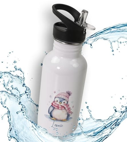 timalo® Trinkflasche für Kinder personalisiert mit Namen | auslaufsichere Edelstahl Sportflasche Kindergarten Schule Geschenk für Jungen und Mädchen 600mL | Pinguin