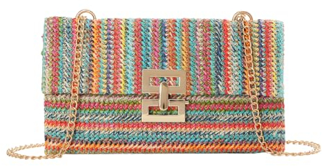 Ynport Crefreak Stroh Umhängetasche für Damen Sommer Stroh Umhängetasche Strand Gewebte Geldbörse Weidengeflecht Rattan Umschlag Party Handtasche, Bunt