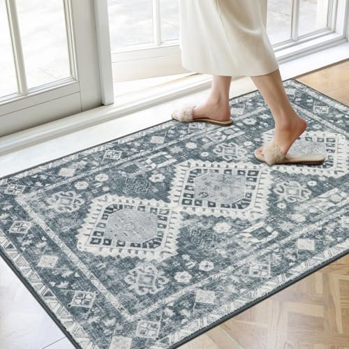 Famibay Vintage Indoor Washable Dirt Trapper Non Slip Entrance Rug Super Absorbent Low Profile Doormat Inside Floor Mat Carpet for Front Back Door Entry Pets Dogs