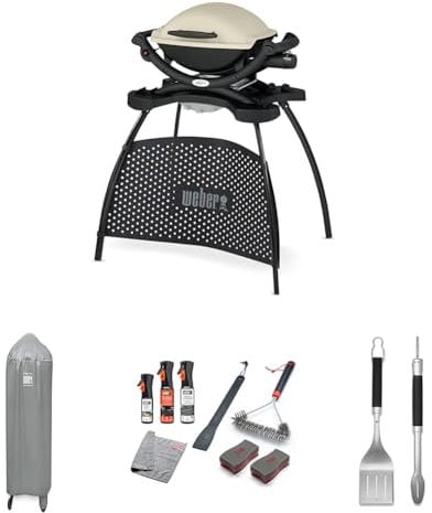 Weber Q1000 Barbecue a Gas, Titanio, 50060353 + Coperchio per griglia, adatto a Q 100/1000 e 200/2000, 7177 + Set di Pulizia per Q&Pulse, 18286 + Kit 2 Accessori Precision, 6763