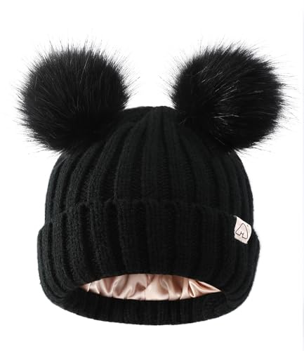 Hat Hut Berretto Bambino Invernale Foderato in Raso per Capelli, Bambini Caldo Cappello a Maglia Pompon Morbido Beanie per Ragazzi Ragazze (IT, Testo, Taglia Unica, B5-Nero 2 Nero Poms)